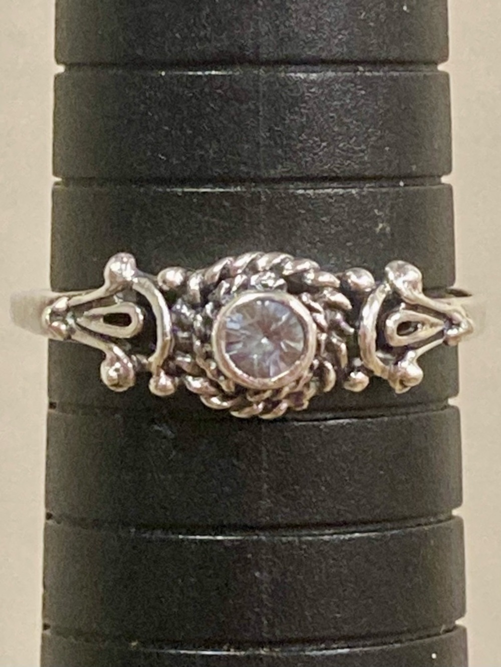 Sterling Silver Ring - 925 TM - Rope Bezel - Clear Stone - Size 9.25